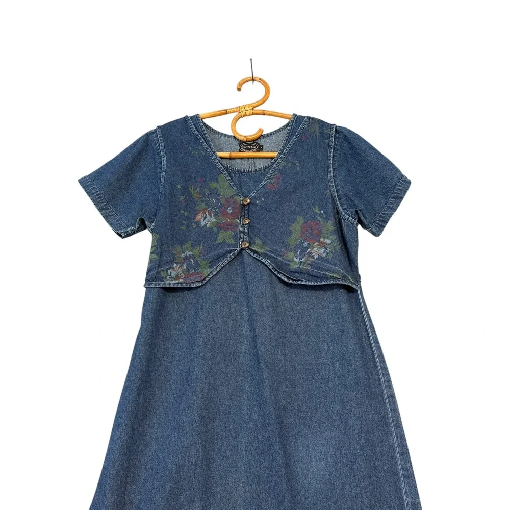 Vintage | Che Bella | Denim Floral Layered Maxi Dress Blue Medium Wash Size L - Picture 3 of 16